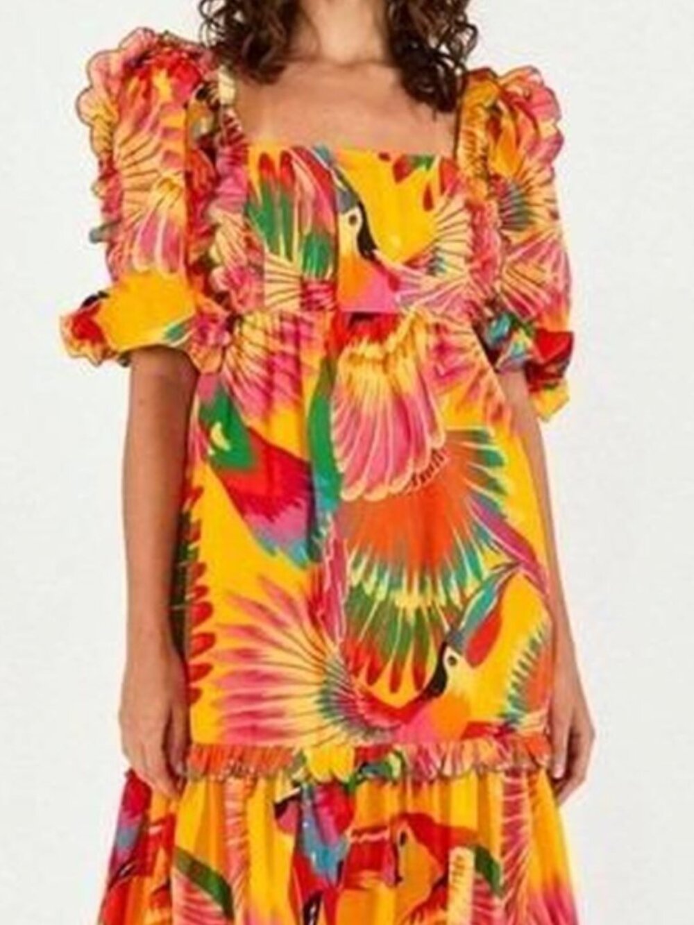 FARM RIO Multicolor Toucans Scalloped Midi Dress Size L NWT